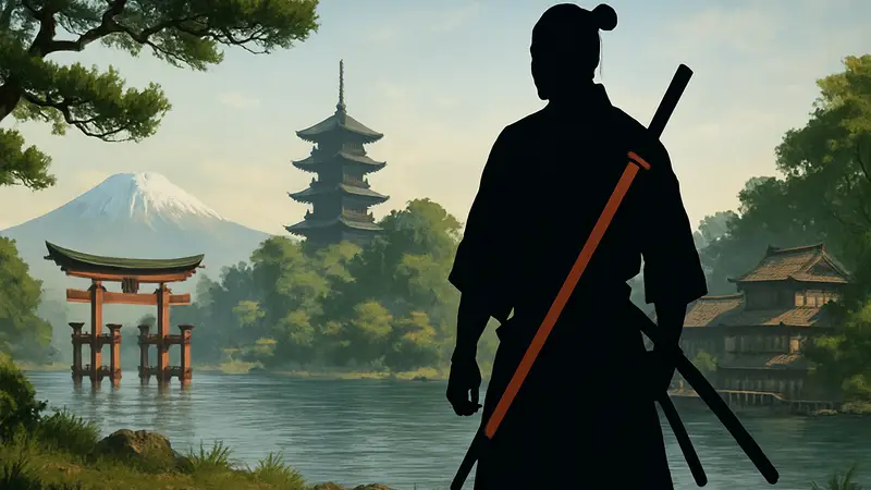 Скриншот из игры Rise of the Ronin с самураем на фоне японского пейзажа