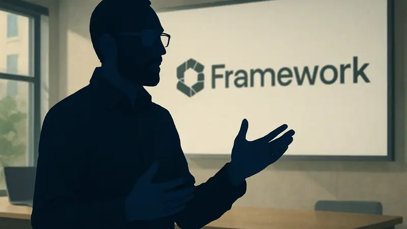 CEO Framework Нирав Патель на фоне логотипа компании обсуждает будущее персональных компьютеров.