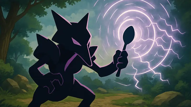 Изображение покемона Кадабры, держащего в руке ложку, использующего психические способности