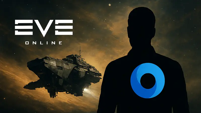 Изображение логотипов EVE Online и Google DeepMind на фоне космического корабля в игре EVE Online.