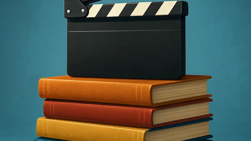 Стопка книг с кинохлопушкой сверху, символизирующая нереализованный потенциал для экранизации.