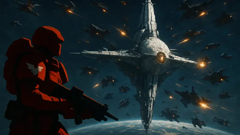 Космическая станция «Звезда Мира» из Helldivers 2, окруженная флотом Автоматонов в битве.