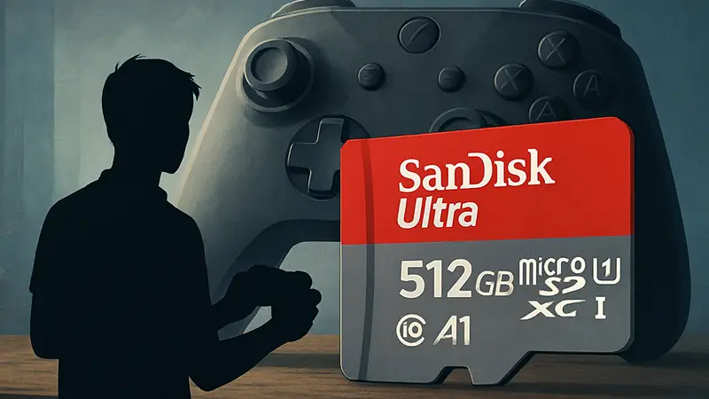 Карта памяти SanDisk Ultra microSD на 512 ГБ на фоне игрового контроллера, иллюстрация к скидке