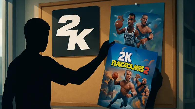 Логотип 2K и обложки игр NBA 2K Playgrounds 2 и WWE 2K Battlegrounds, символизирующие удаление из магазинов.