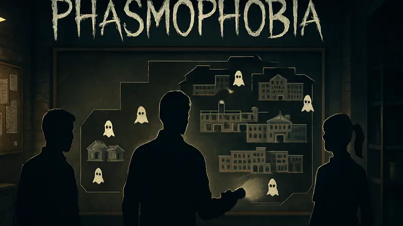 Игровая карта Phasmophobia с указанием размеров (маленькая, средняя, большая) и значками призраков.