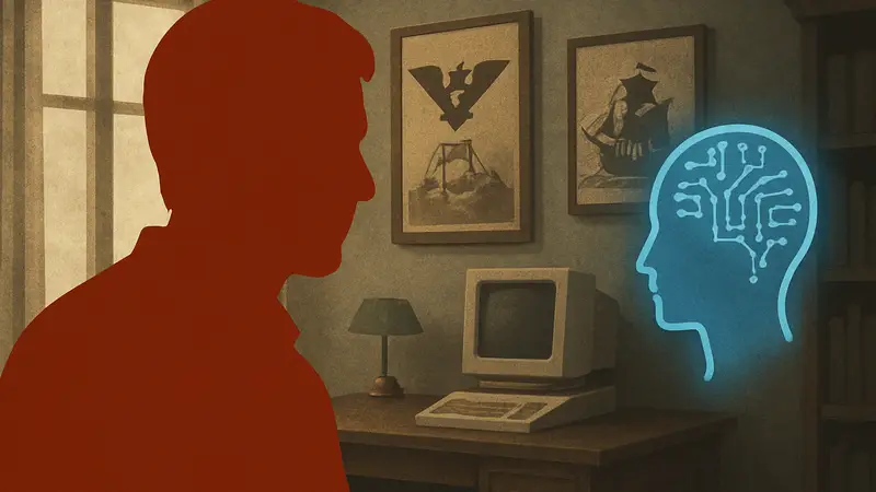 Портрет Лукаса Поупа или логотипы игр Papers, Please и Return of the Obra Dinn с элементом, символизирующим ИИ