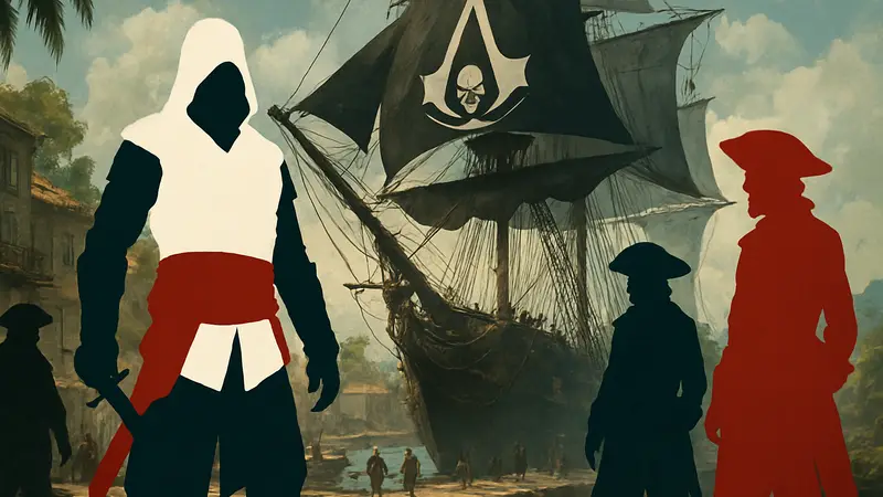 Арт Assassin’s Creed Black Flag с пиратами и кораблём, показывающий разницу между ремейком и ремастером.