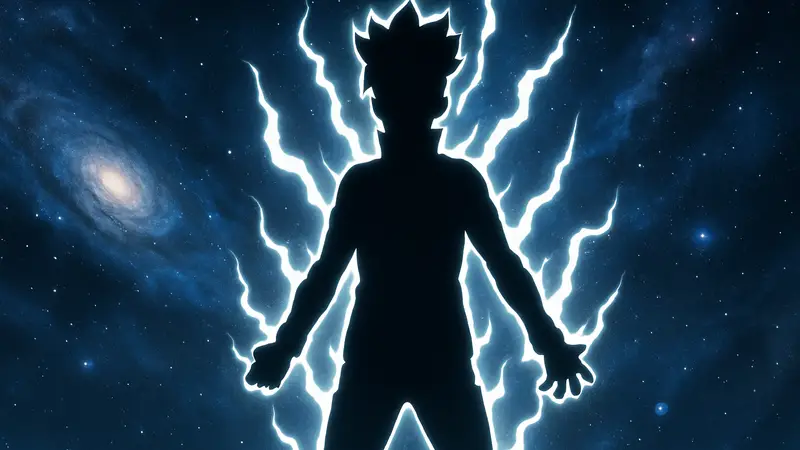 Boruto в новой трансформации, излучающий мощную чакру на фоне космического пространства
