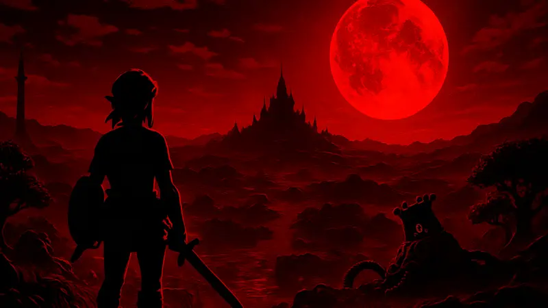 Скриншот The Legend of Zelda: Breath of the Wild в красном монохромном стиле Virtual Boy с Кровавой Луной.