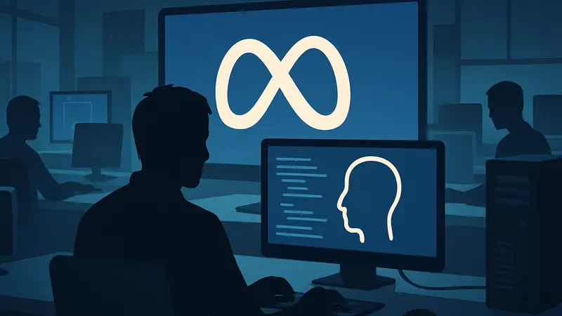 Логотип Meta на фоне компьютеров, символизирующий мониторинг сотрудников и ИИ-обучение