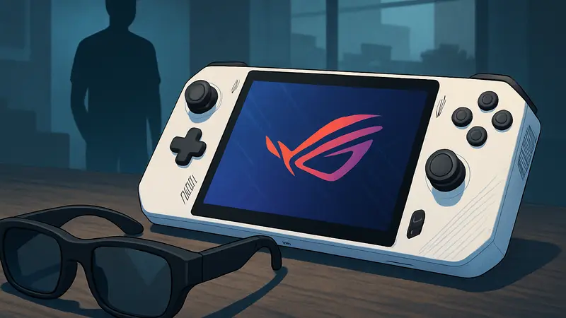 Портативная игровая консоль Asus ROG Xbox Ally X20, лежащая рядом с AR-очками