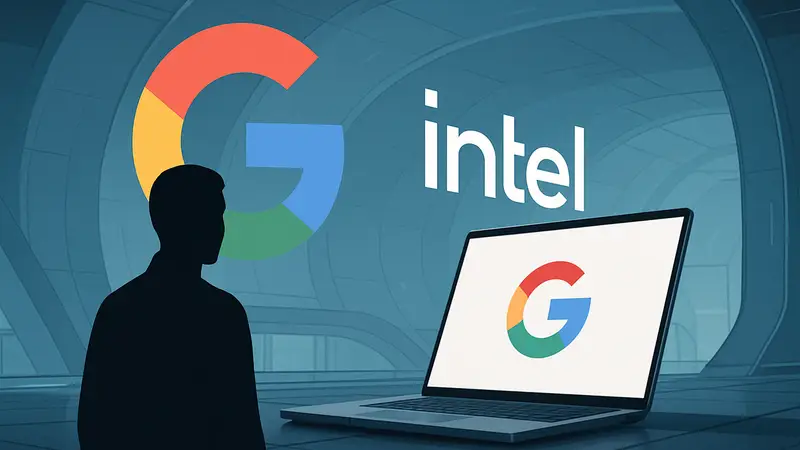 Логотипы Google и Intel, концепт ноутбука "Googlebook", футуристический дизайн