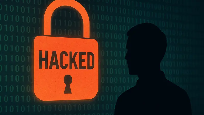 Изображение замка с надписью "HACKED" и бинарным кодом на фоне, символизирующее взлом stalkerware-приложения.
