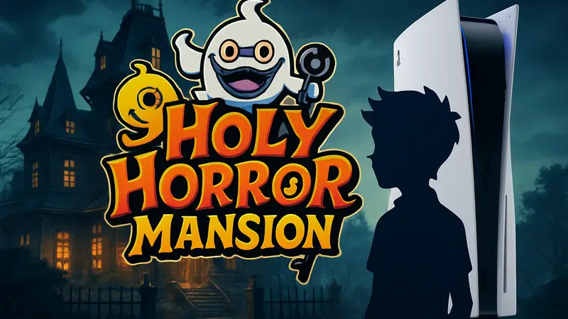 Логотип Holy Horror Mansion с элементами, напоминающими Yo-kai Watch, на фоне PS5