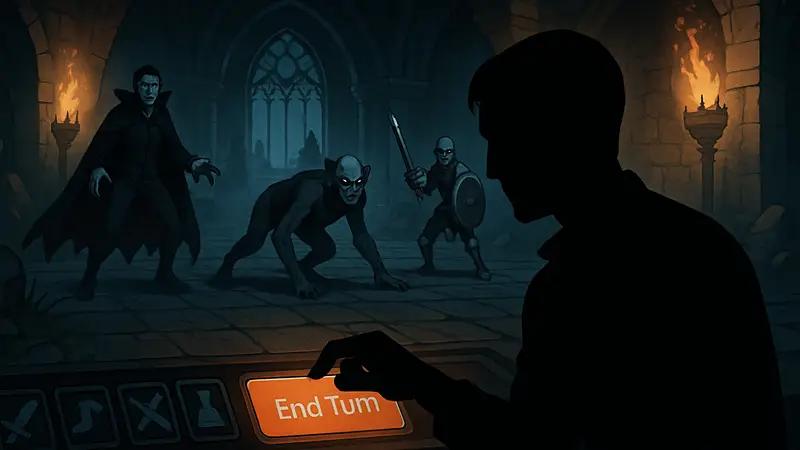 Игрок Vampire Crawlers нажимает кнопку "Конец хода" в интерфейсе битвы.