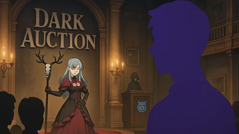Обложка игры Dark Auction, логотип Izanagi Games, скриншот из игры в аниме-стиле