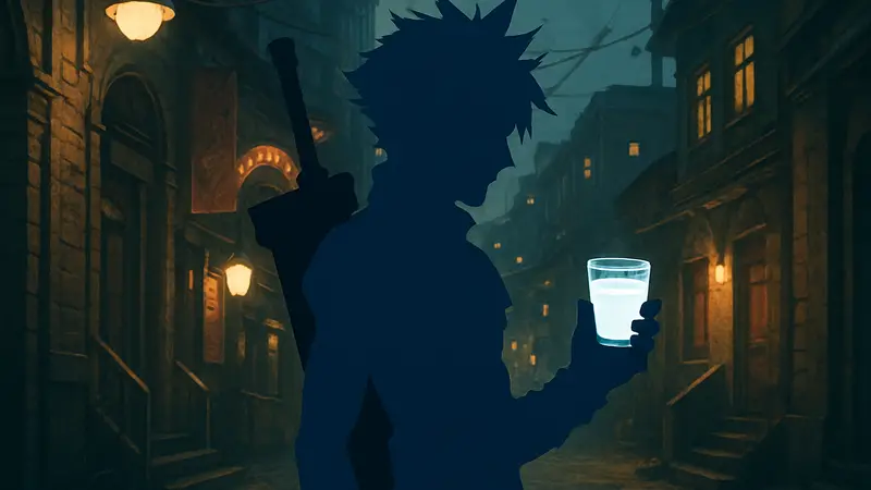 Клауд Страйф из Final Fantasy 7 Remake, держащий в руке загадочный стакан с напитком.