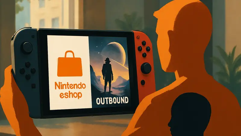 Логотип Nintendo eShop и обложка игры Outbound на экране Nintendo Switch