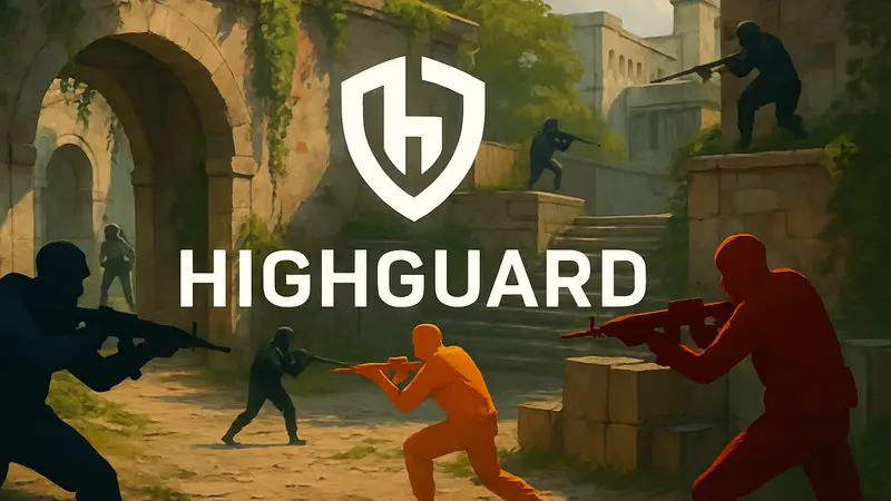 Логотип Highguard на фоне игрового процесса с режимом 5v5, демонстрирующим новый контент