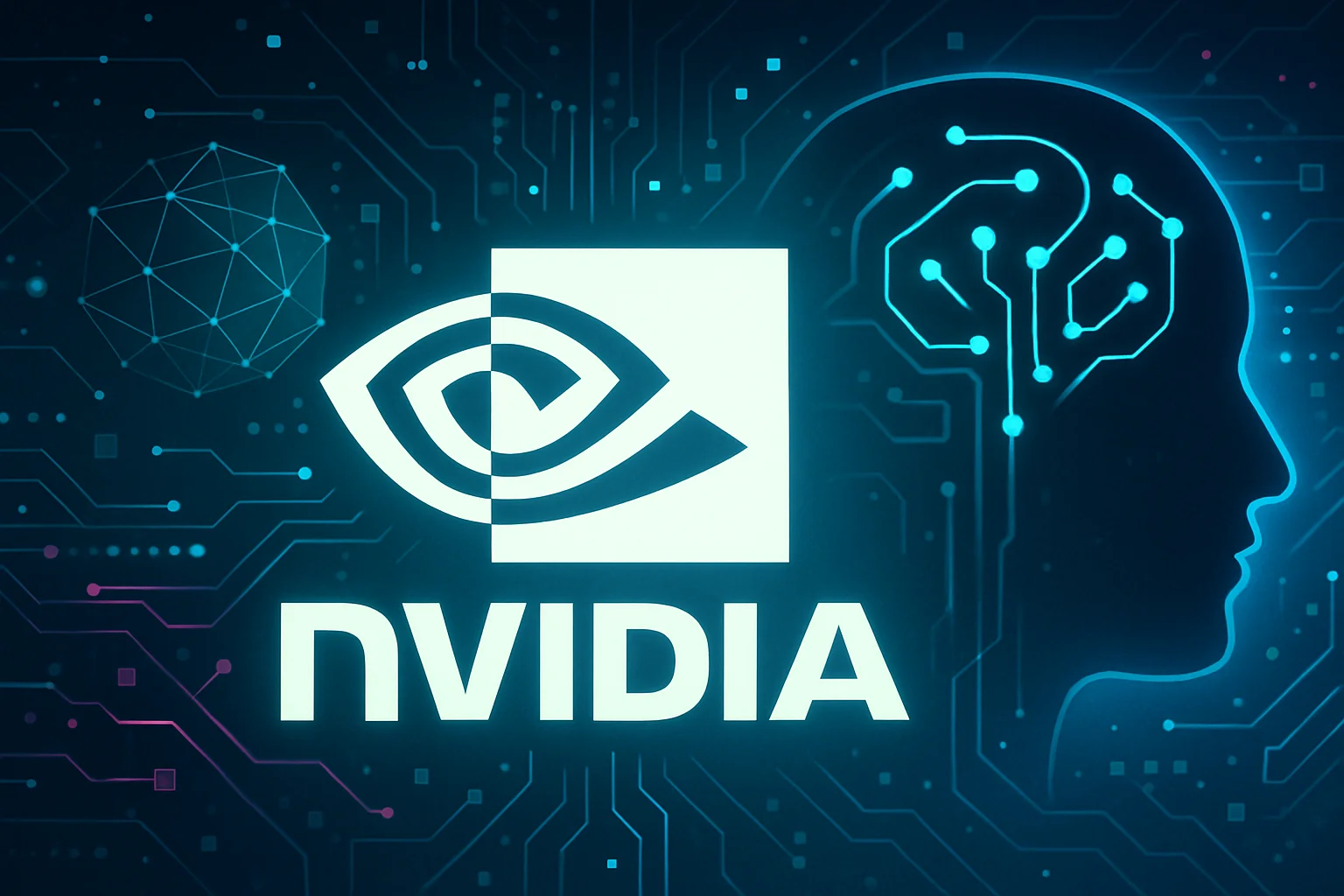 Логотип Nvidia на фоне абстрактной графики, символизирующей ИИ и цифровые технологии.