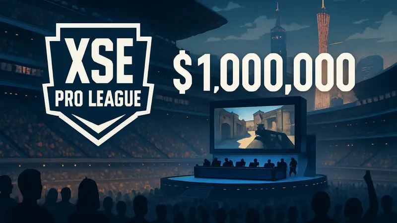 Логотип XSE Pro League и призовой фонд в 1 миллион долларов на фоне киберспортивной арены в Гуанчжоу.