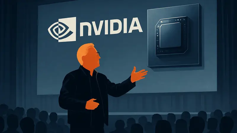 Дженсен Хуанг выступает на сцене, за ним большой экран с логотипом NVIDIA и упоминанием нового чипа.