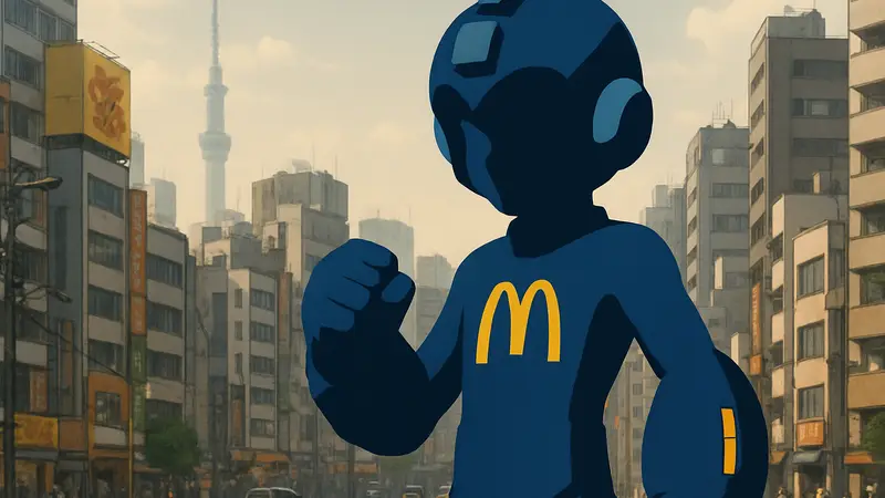 Mega Man с логотипом McDonald's на фоне японского города.