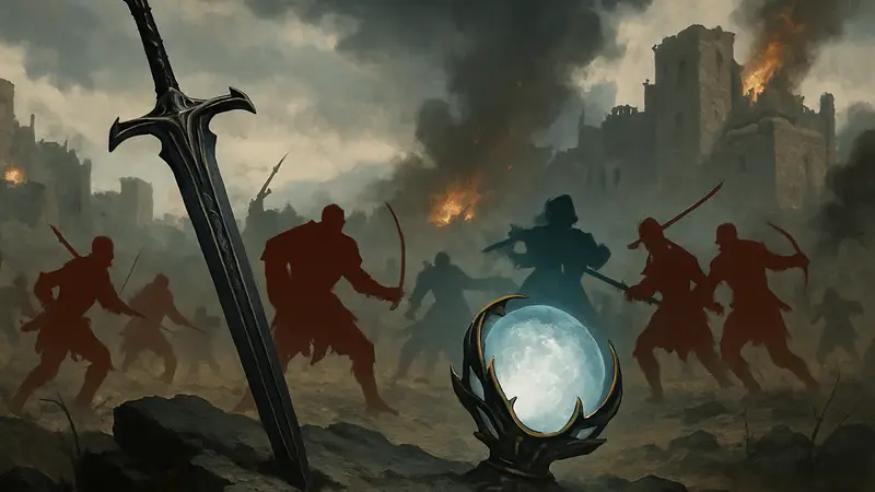 Двуручный меч Darkbringer и артефакт Ator's Orb в игре Crimson Desert, на фоне боевой сцены.