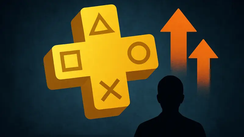 Логотип PlayStation Plus с символами, указывающими на повышение цен, на тёмном фоне