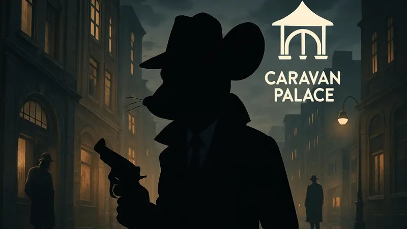 Обложка игры MOUSE: P.I. For Hire с персонажем-мышонком в стиле ретро-нуар и логотип Caravan Palace.