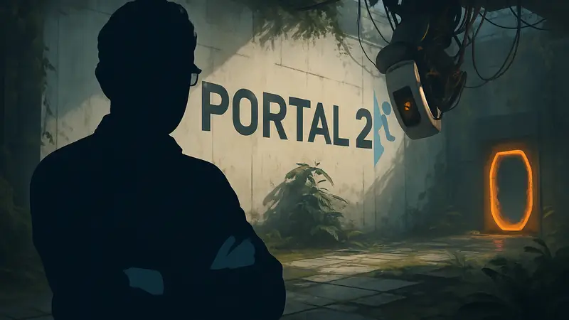 Джефф Каплан, создатель Overwatch, на фоне логотипа игры Portal 2, которую он назвал лучшей в истории