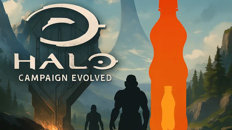Логотип Halo: Campaign Evolved рядом с бутылкой Fanta, символизирующей новую коллаборацию Xbox и напитка