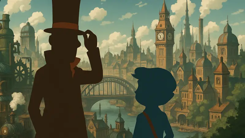 Профессор Лейтон и Люк в стимпанк-стиле на фоне города.