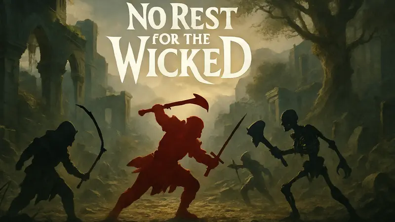 Логотип игры No Rest for the Wicked на фоне боевой сцены, символизирующий "вечную игру".