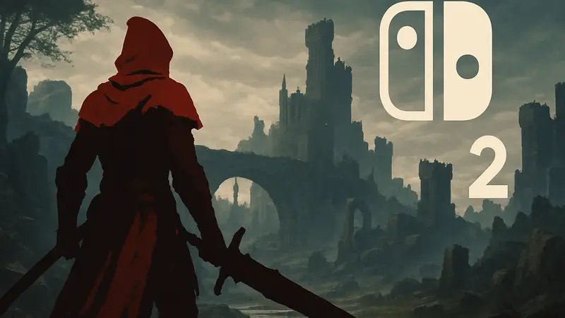 Персонаж из The Duskbloods с оружием в фэнтезийном мире. Логотип Nintendo Switch 2.