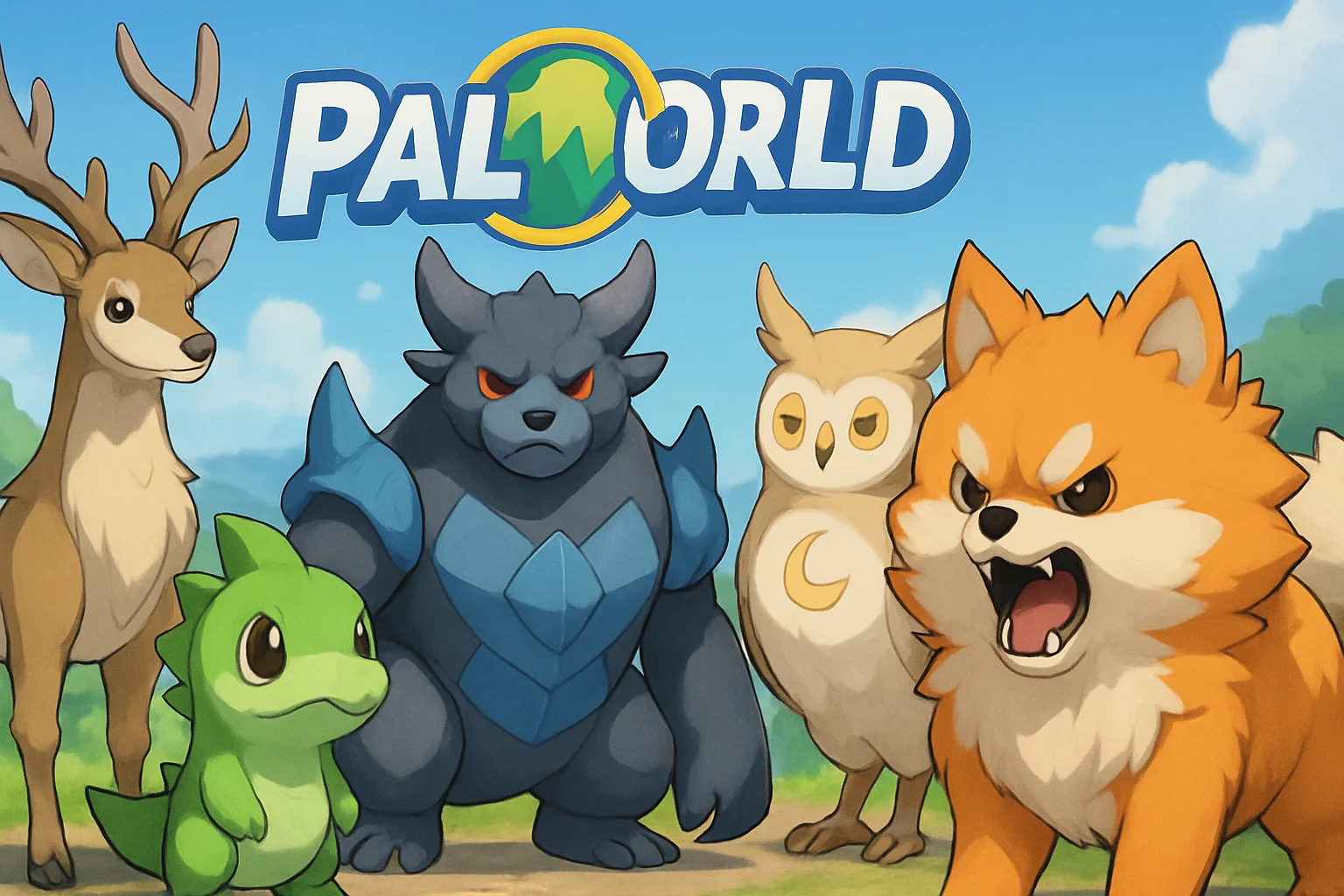 Концепт-арт новых палов из Palworld, включая агрессивного померанского шпица.