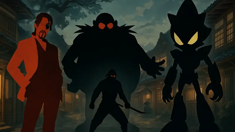 Обложка DLC Sega Villains Stage для Shinobi: Art of Vengeance с Мадзимой, Эггманом и Смертоносцем