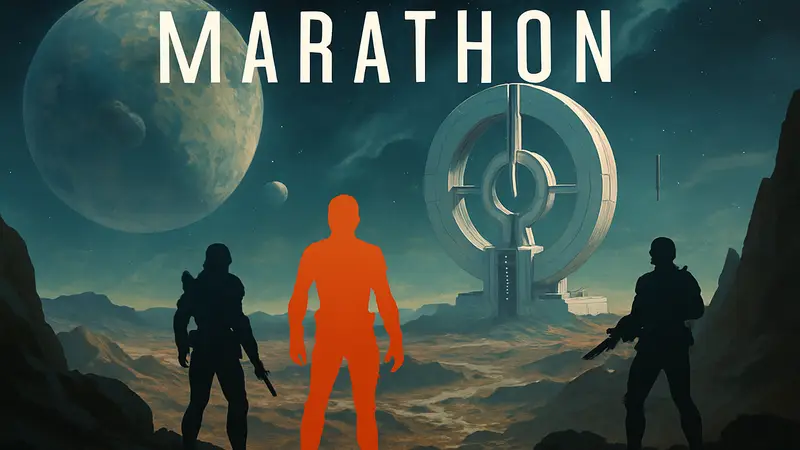 Обложка игры Marathon с космическим пейзажем и футуристическими элементами.