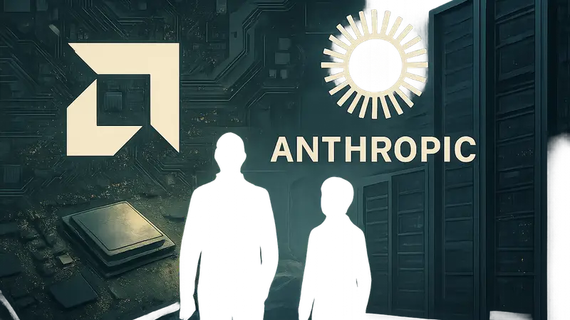 Логотипы AMD и Anthropic на фоне микросхем и вычислительных систем, символизирующие партнёрство в ИИ.