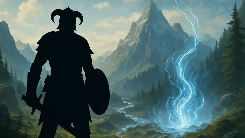 Главный герой игры Fatekeeper в фэнтези-сеттинге, напоминающем Skyrim, на фоне гор и магии.