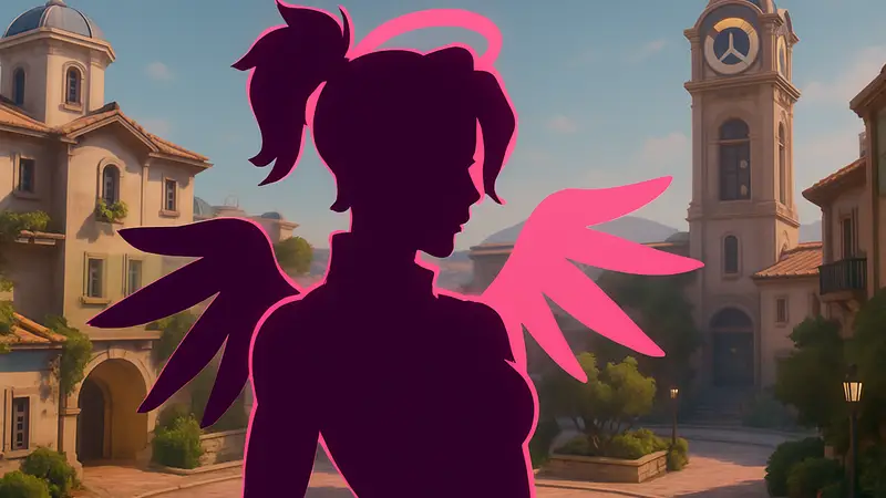 Игровой персонаж из Overwatch (Гэндзи или Ангел) в стиле симулятора свиданий Loverwatch.