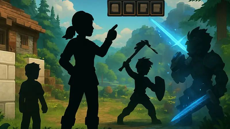 Игровые персонажи Hytale, демонстрирующие различные моды: новые блоки, элементы интерфейса и боевые эффекты в мире игры.