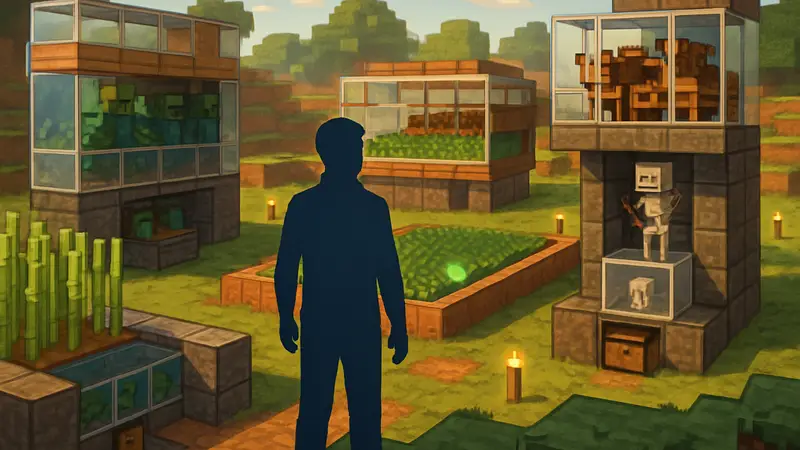 Различные автоматические фермы в Minecraft, демонстрирующие эффекти вное производство ресурсов и XP.