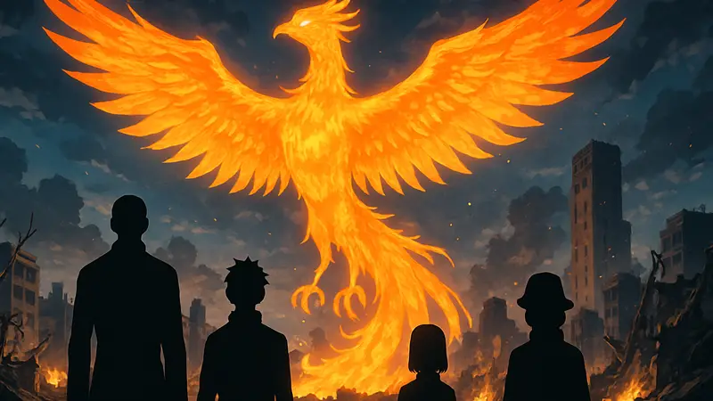 Кадр из аниме Fire Force, предпоследний эпизод с появлением Всемирного Феникса