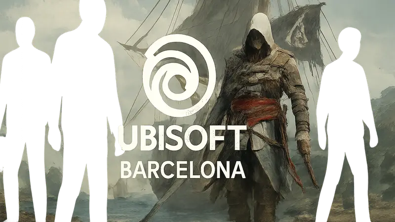 Логотип Ubisoft Barcelona на фоне арта Assassin's Creed Black Flag Resynced, тема увольнений