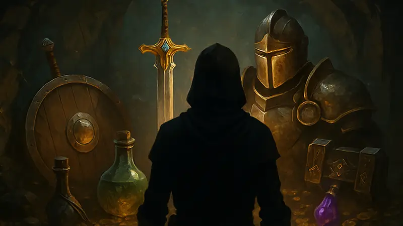 Изображение различных предметов, оружия и брони из популярных RPG, символизирующих ценный лут, например, легендарные артефакты.