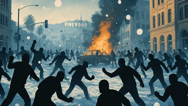 NPC из GTA 5 в массовом беспорядке, снежки и хаос в Лос-Сантосе.