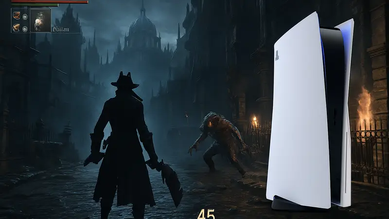 Игровой процесс Bloodborne с элементами интерфейса, запущенный на PlayStation 5 с высокой частотой кадров.