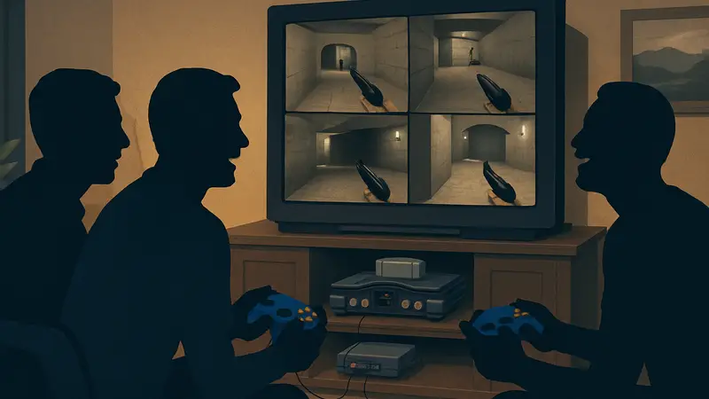 Игроки смеются, играя в GoldenEye 007 на Nintendo 64 в режиме разделенного экрана, с геймпадами N64.