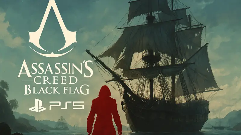 Логотип Assassin's Creed Black Flag Resynced с символикой PS5 Pro, пиратский корабль на фоне.